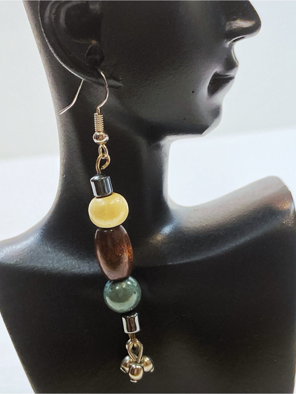 Handmade Beaded boho hippie Drop Earrings - wooden bead Green gemstone hematite